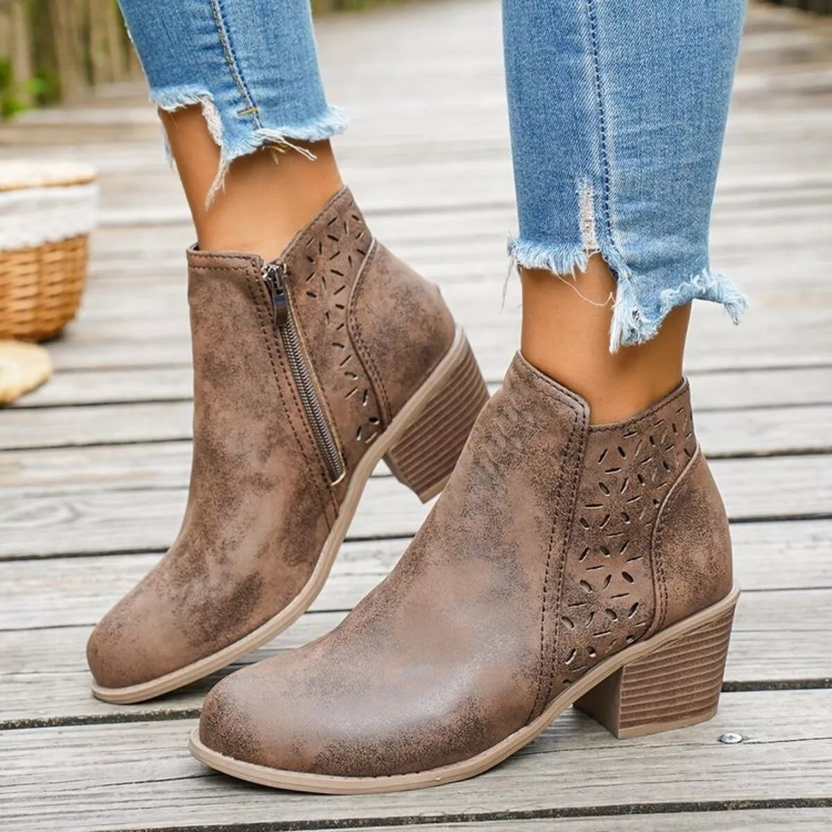 Block Heel Ankle Boots with Cutout Detail