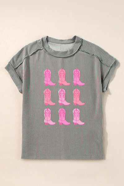 Pink Boots Graphic Striped T-Shirt with Round Neck & Short Sleeves