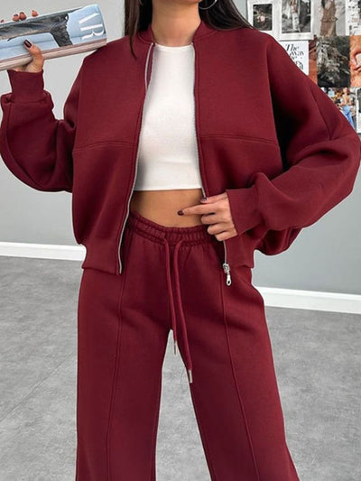 Casual Baseball Collar Zip Top & Drawstring Pants Set