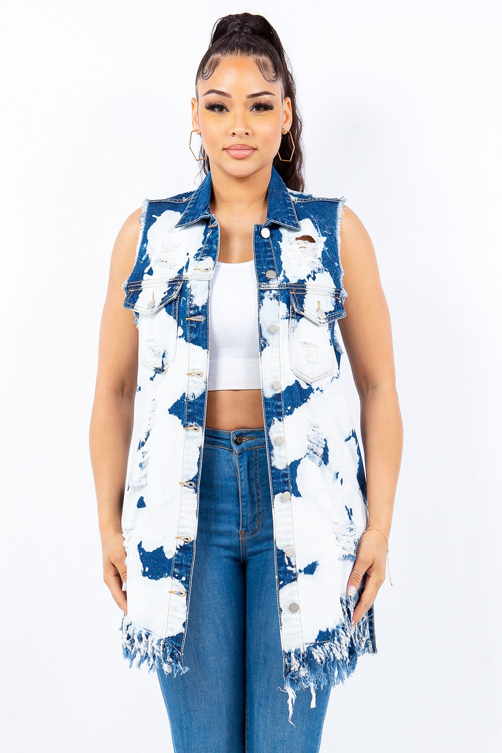 American Bazi Denim Vest - Frayed Edge, Button-Up Style