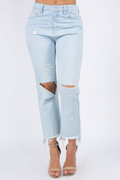 Trendy High Waist Distressed Jeans with Raw Hem Finish