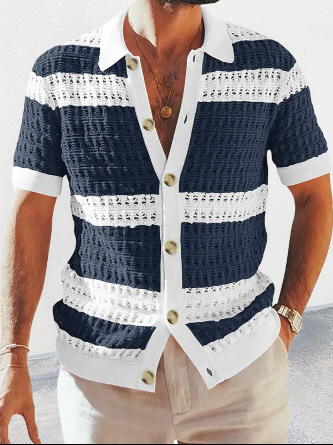 Men's Button Down Collared Neck Contrast Openwork Shirt Style