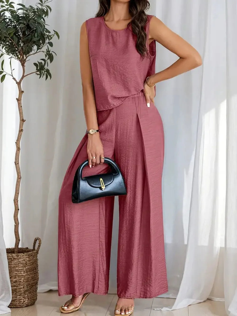 Round Neck Sleeveless Top and Wide Leg Pants Set