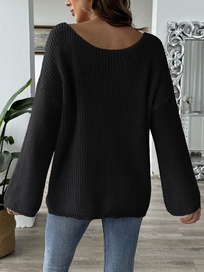 Chic Bow Boat Neck Sweater with Cozy Long Sleeves, Pink