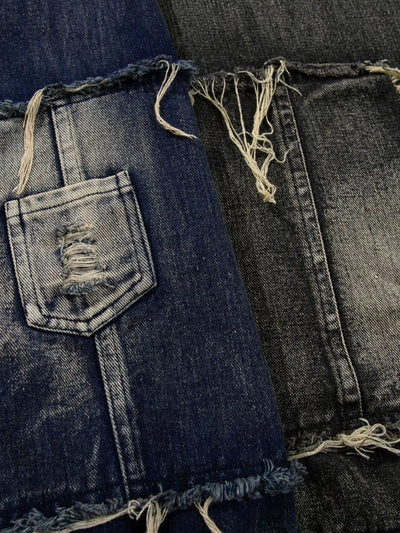 Men's Distressed Denim Patchwork Oversized Hoodie with Frayed Details