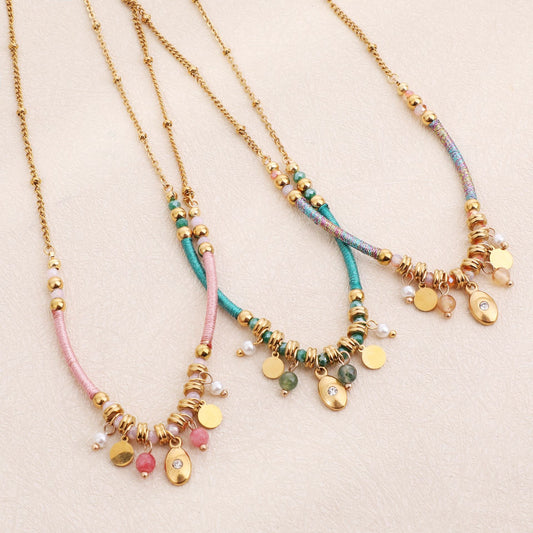 Natural Stone Beaded Necklace Color Handmade Winding Titanium Steel Clavicle Chain