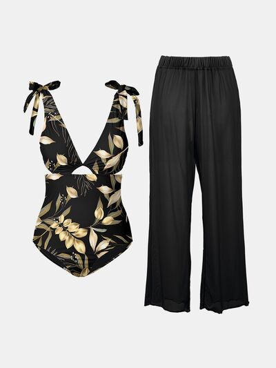 FAM-FAM Cutout Tied Bodysuit and Pants Swim Set Fashion