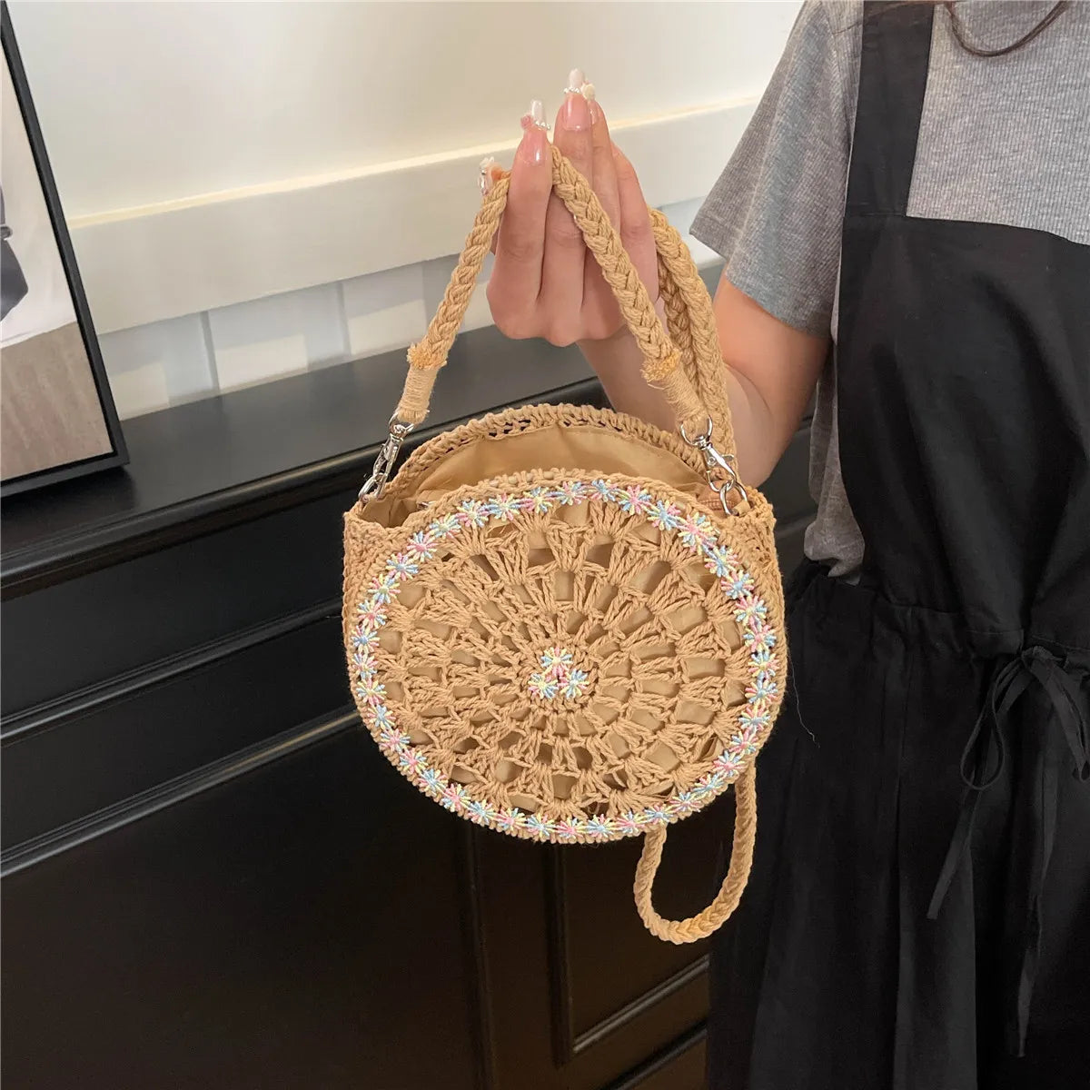 Handmade Round Crochet Straw Handbag