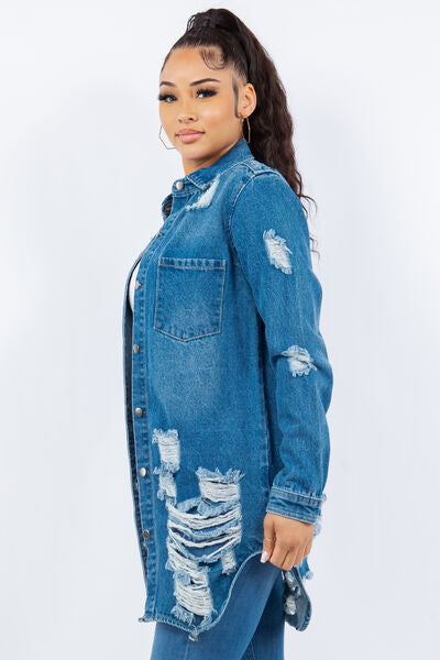 Chic Distressed Denim Jacket - Trendy Button-Up Long Sleeve Style