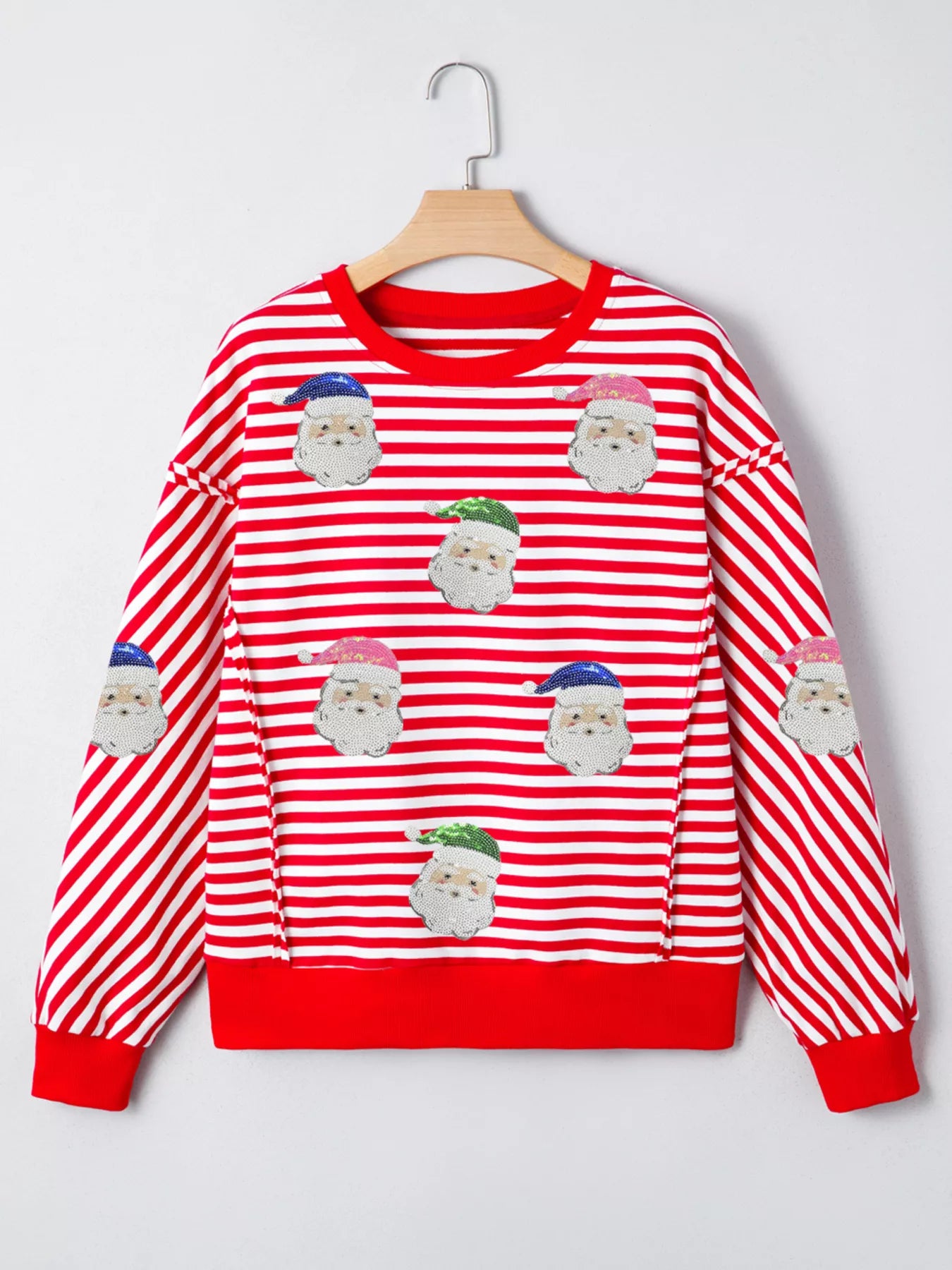 Stripe Sequin Santa Round Neck Raw Seam Detail Christmas Long Sleeve Top