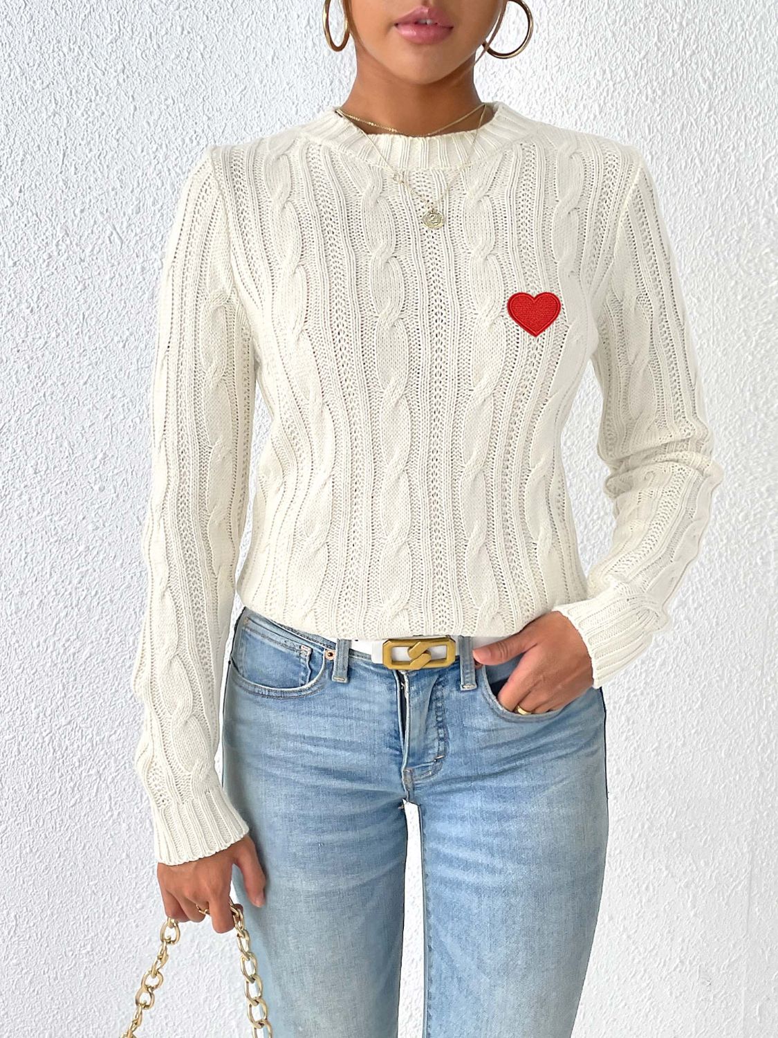 Cozy Cable-Knit Heart Sweater in Soft Pink with Long Sleeves