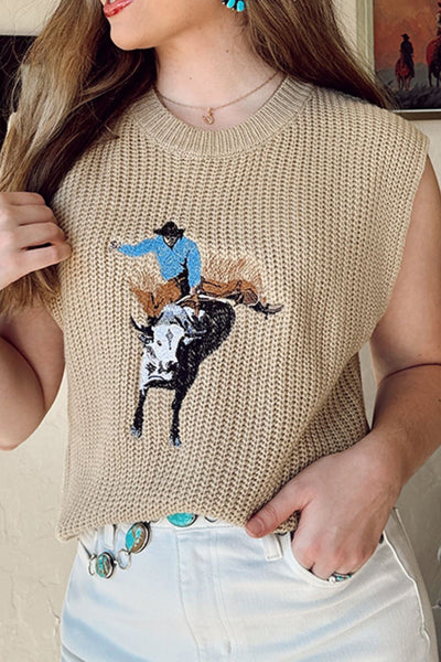 Western Cowboy Embroidery Round Neck Sleeveless Sweater