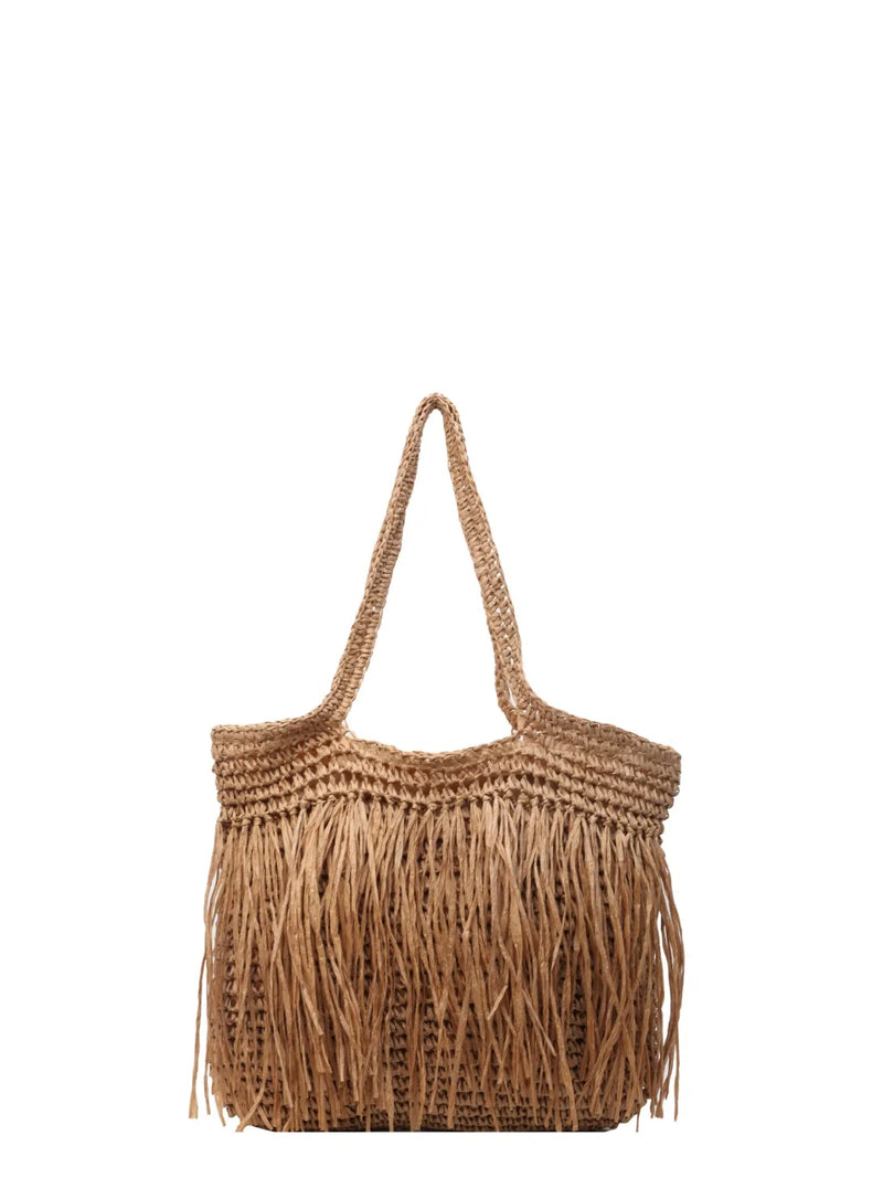 Bohemian Straw Fringe Hobo Handbag