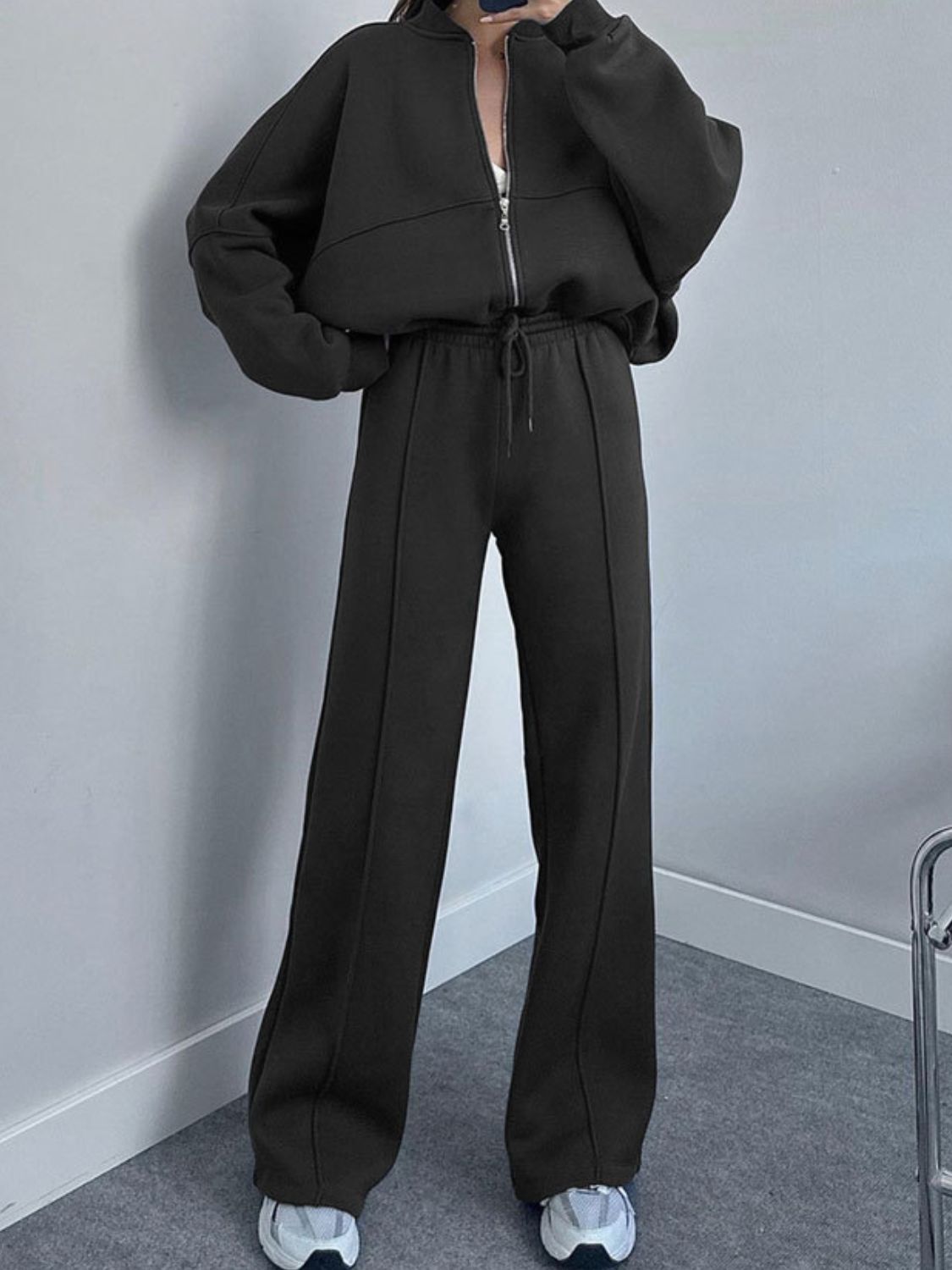 Casual Baseball Collar Zip Top & Drawstring Pants Set