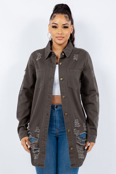 Trendy Distressed Denim Jacket with Button-Up Front