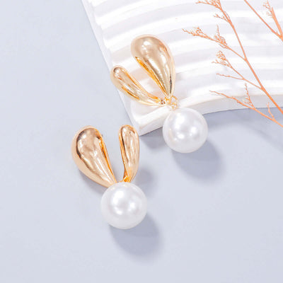 Gold Bunny Ears: Playful Alloy Drip Oil Earrings for Style