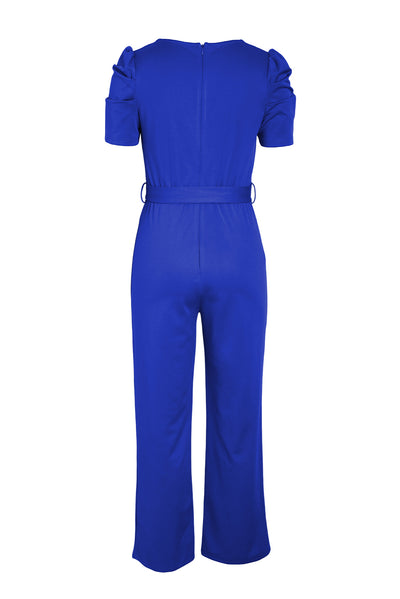 Chic Women's Black Belted Puff Sleeve V-Neck Jumpsuit