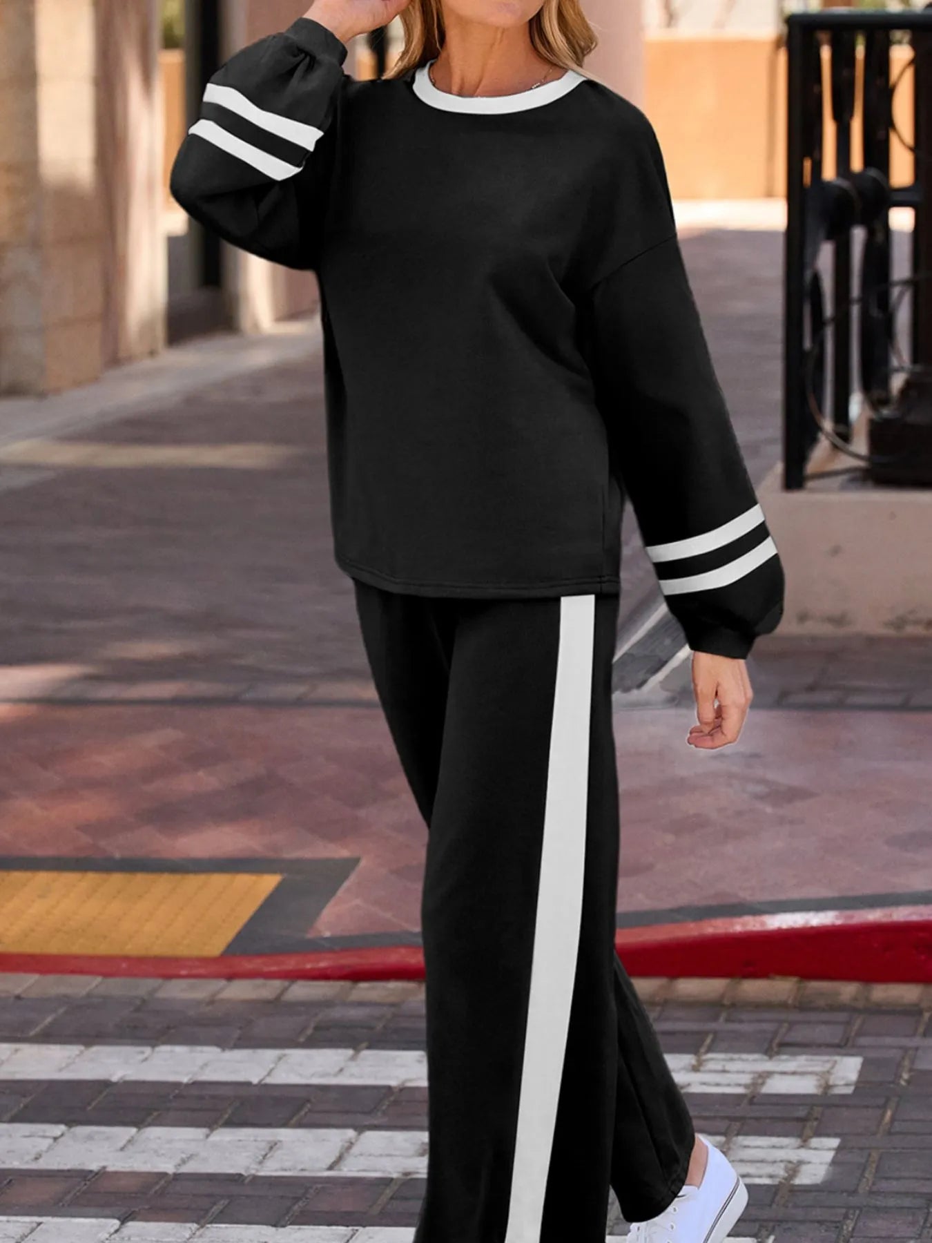 Contrast Trim Round Neck Top and Pants Set