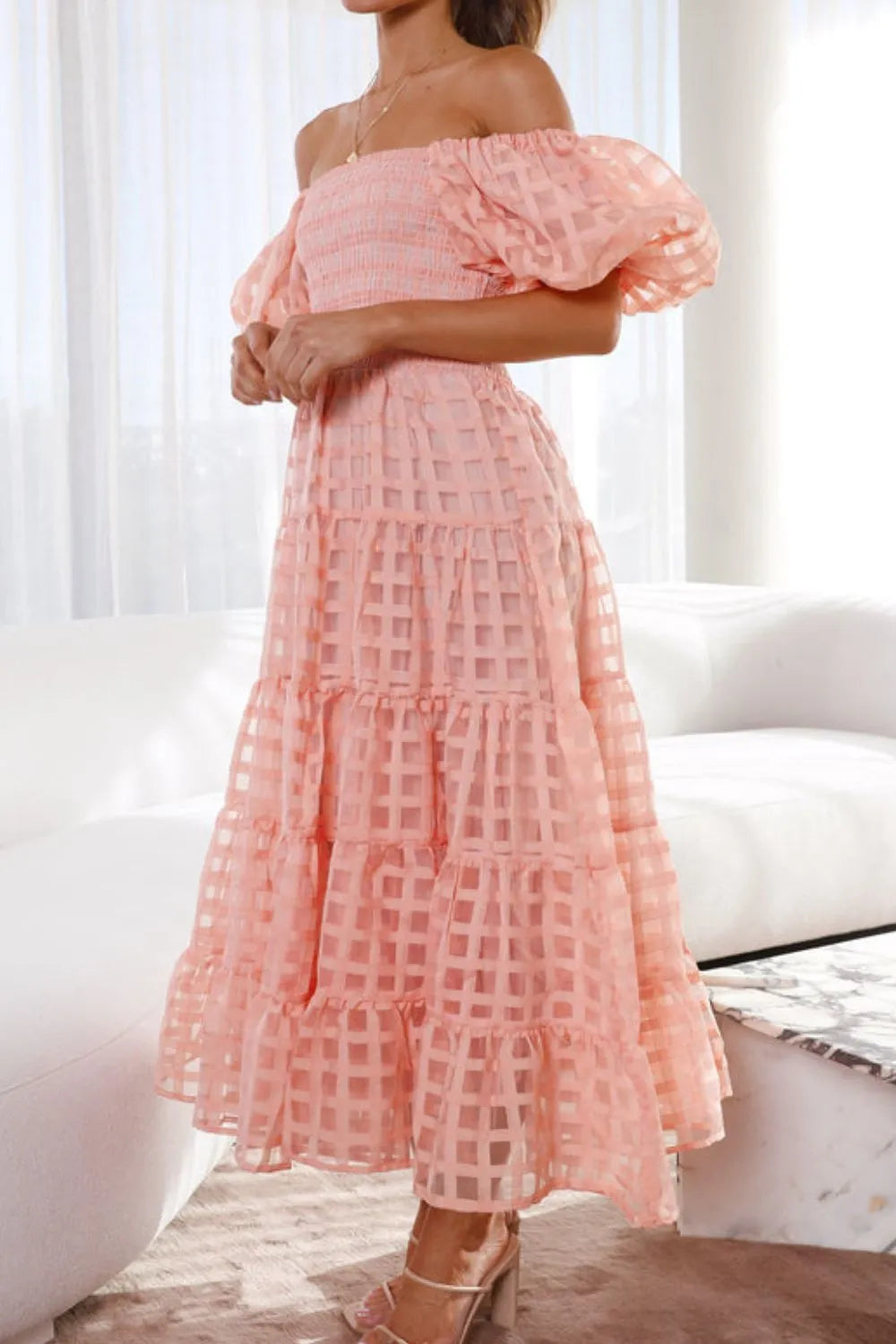 Off Shoulder Short Puff Sleeve Midi Dress