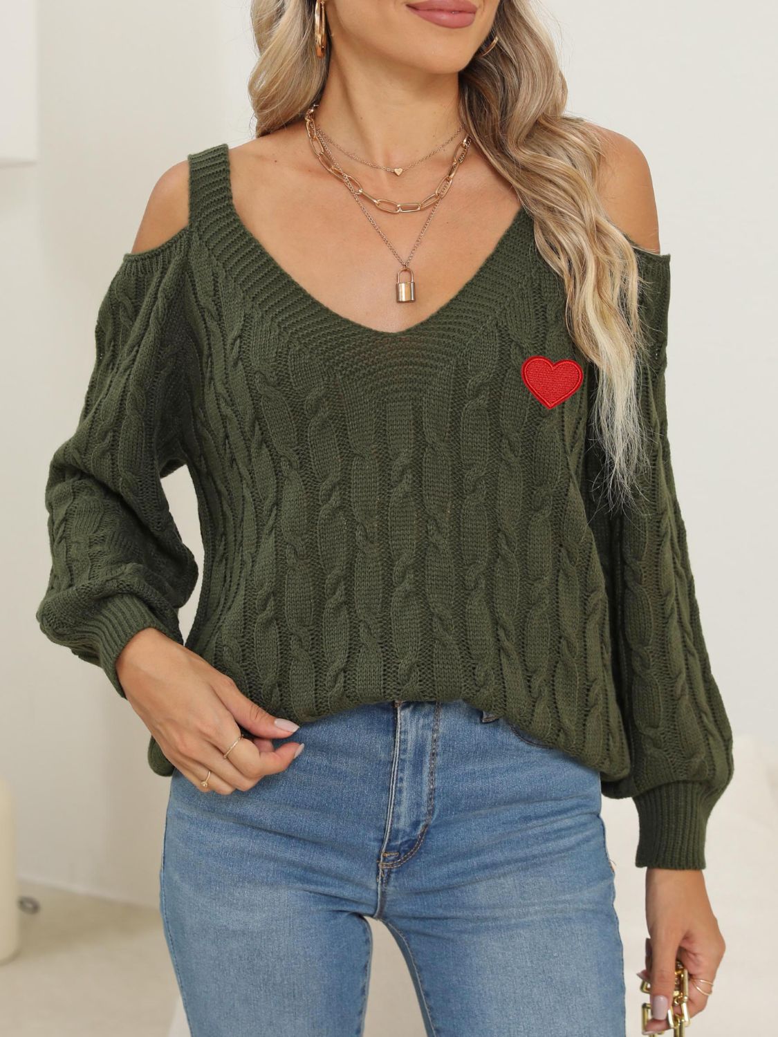 Cozy Cable-Knit Heart V-Neck Sweater with Chic Cutouts