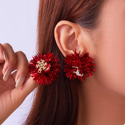 Christmas Asymmetrical Tinsel Ball Earrings