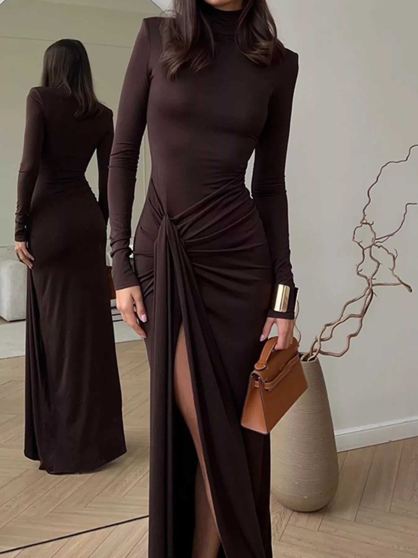 Turtleneck Long Sleeve Slit Maxi Dress