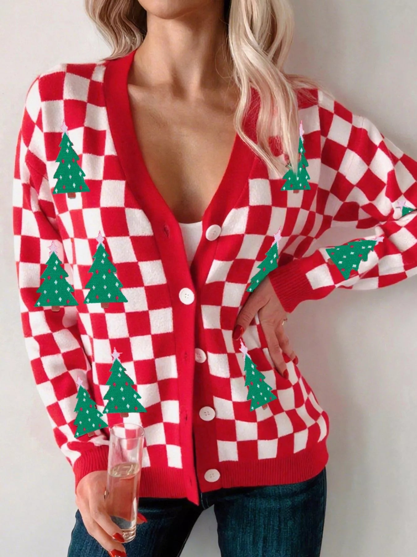 Christmas Tree Pattern Checkered Button V Neck Cardigan
