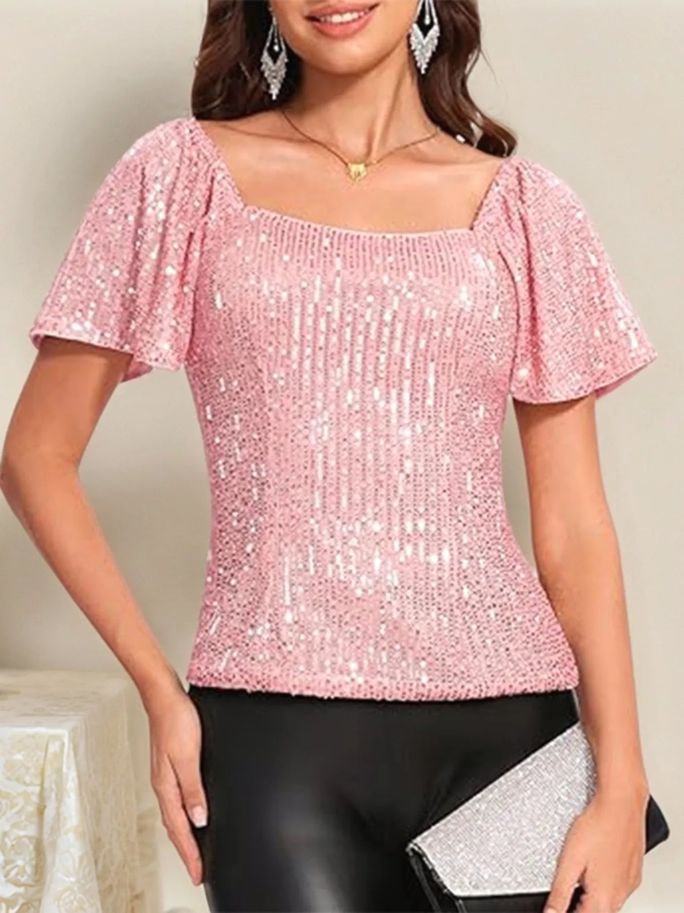 Square Neck Sequin Short Sleeve Blouse