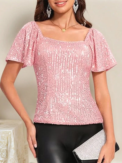 Square Neck Sequin Short Sleeve Blouse
