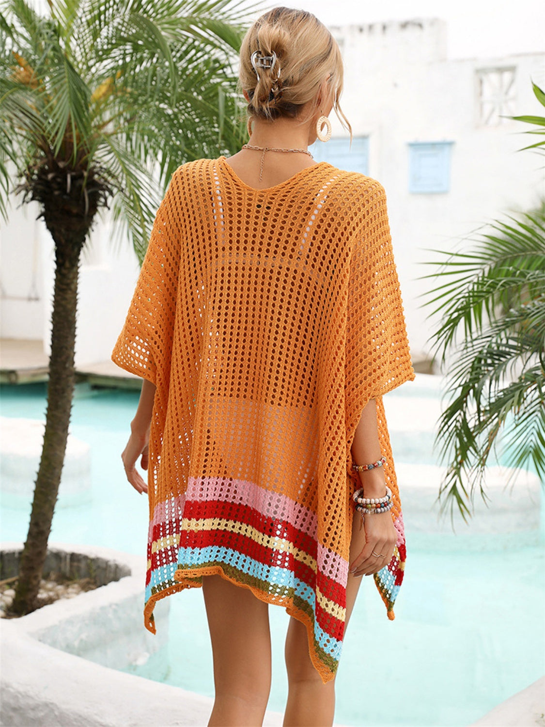 Slit Openwork V-Neck Half Sleeve Cover-Up for Summer Style