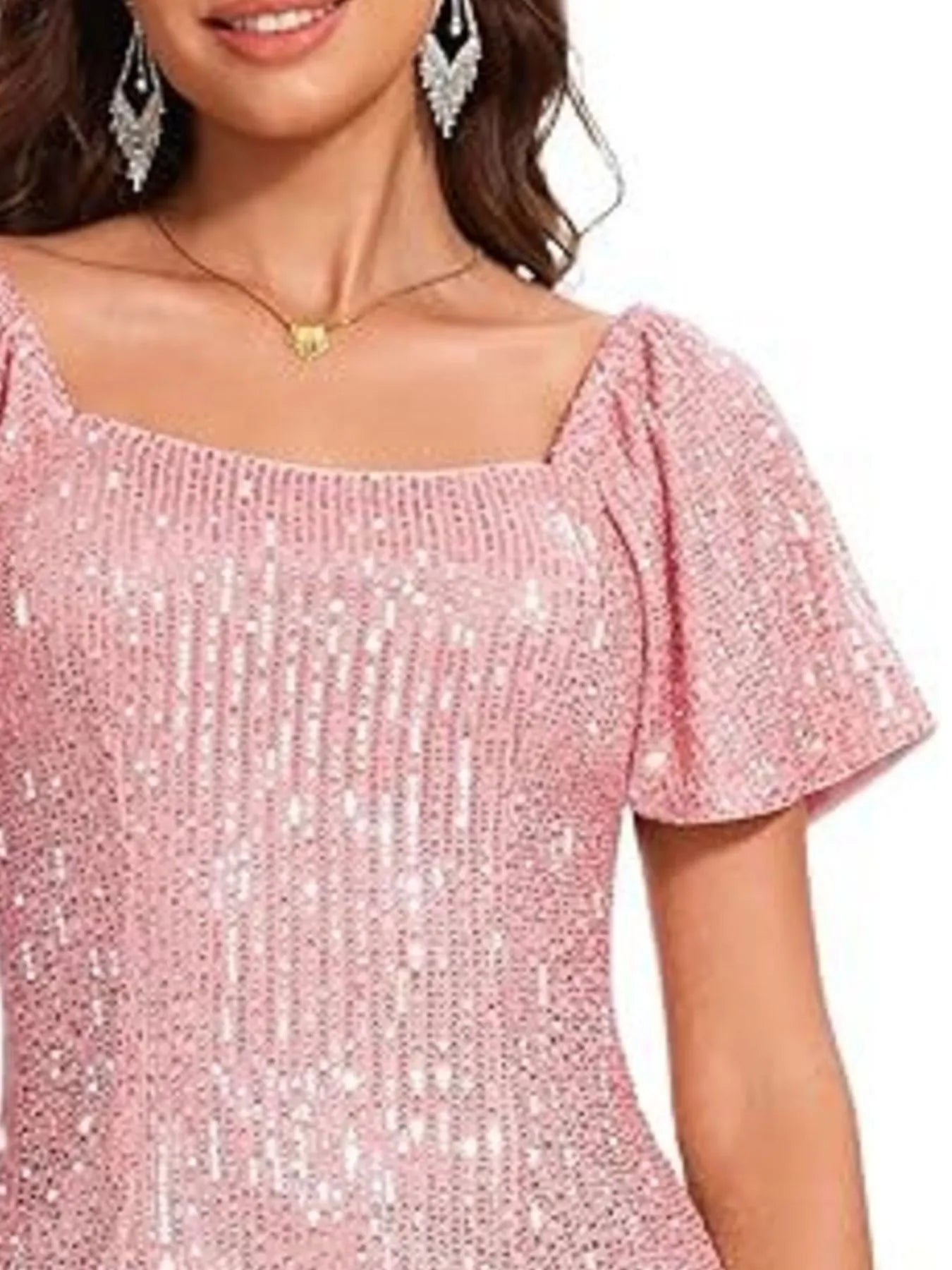 Square Neck Sequin Short Sleeve Blouse