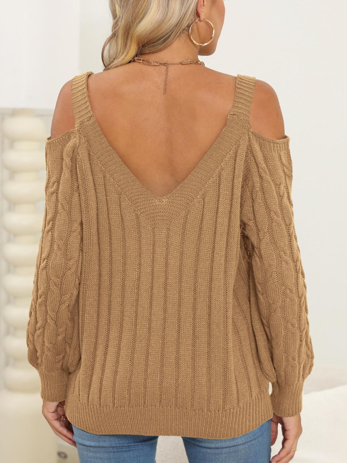 Cozy Cable-Knit Heart V-Neck Sweater with Chic Cutouts