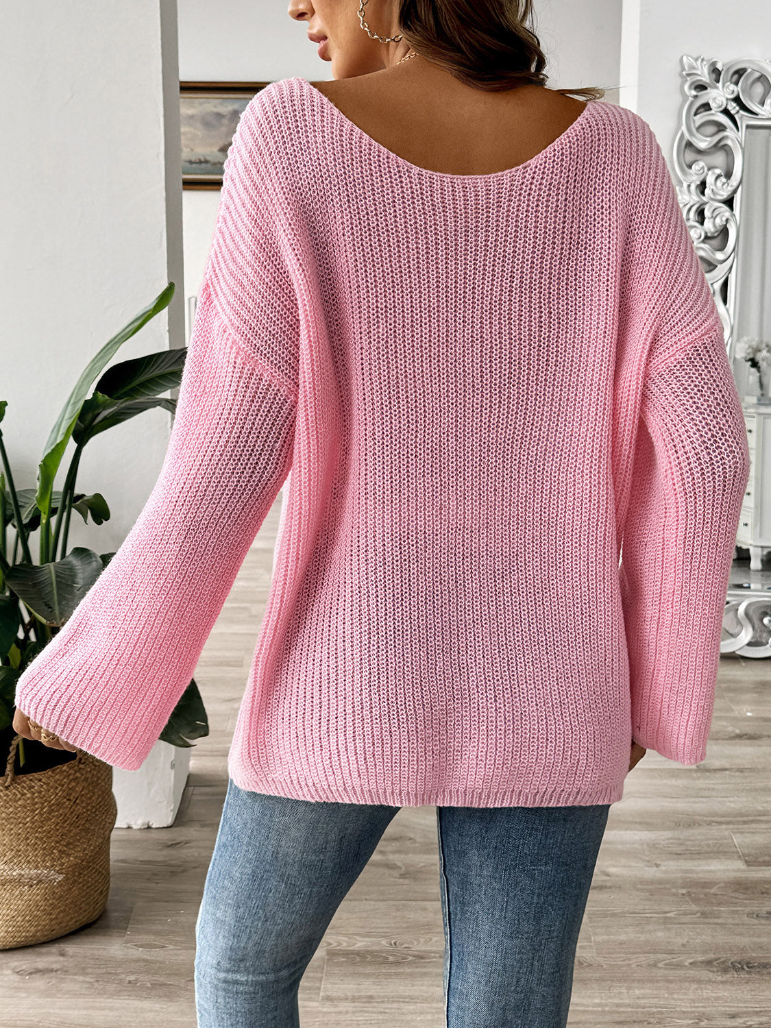 Chic Bow Boat Neck Sweater with Cozy Long Sleeves, Pink