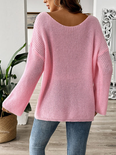 Chic Bow Boat Neck Sweater with Cozy Long Sleeves, Pink