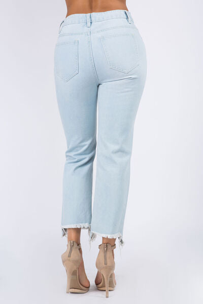 Trendy High Waist Distressed Jeans with Raw Hem Finish
