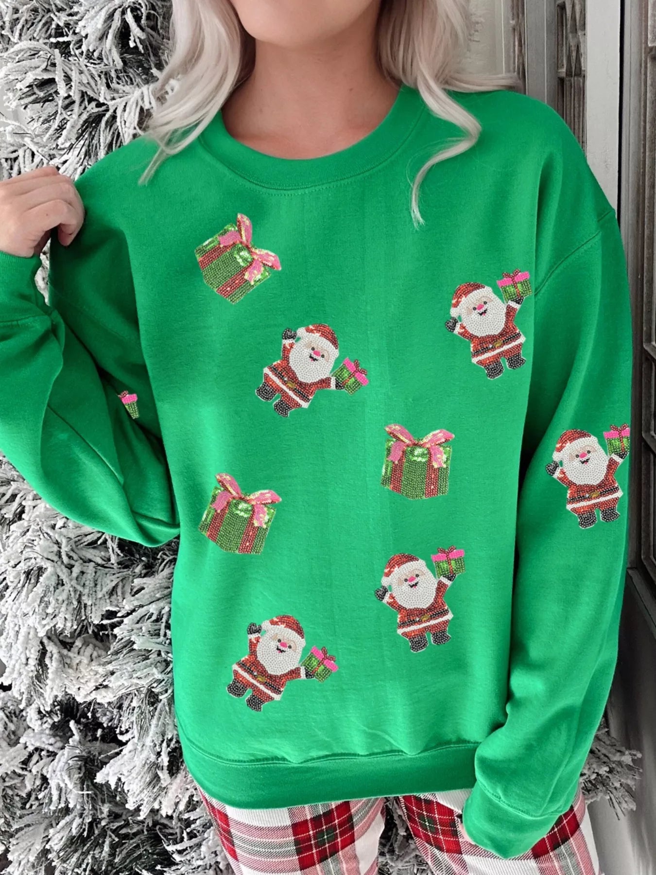 Santa Delivering Gifts Christmas Sequin Graphic Sweatshirt