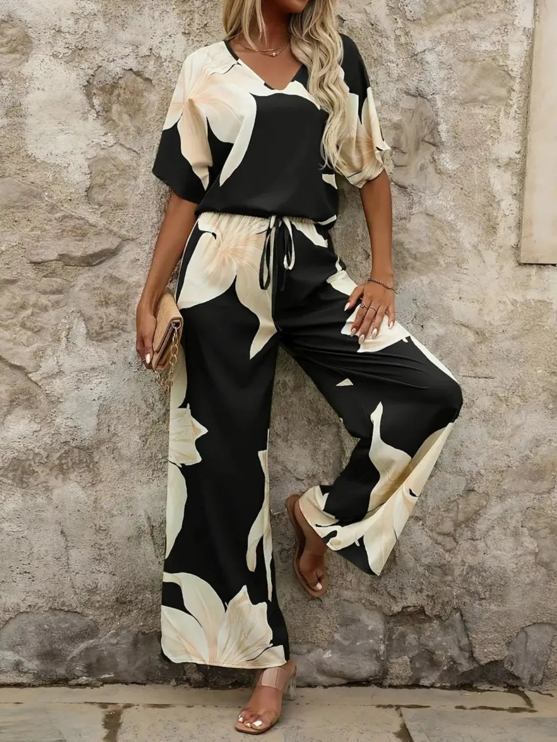Printed V-Neck Top and Wide Leg Pants Set