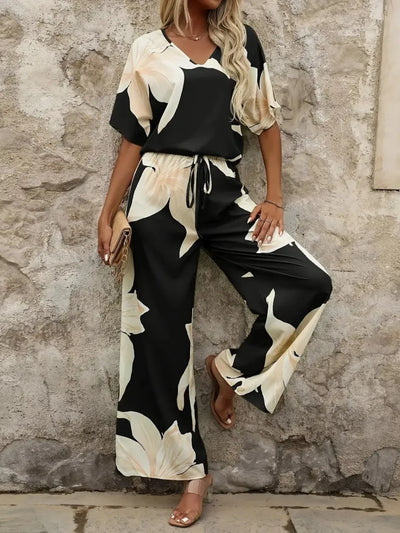 Printed V-Neck Top and Wide Leg Pants Set