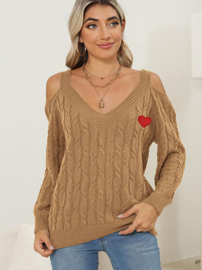 Cozy Cable-Knit Heart V-Neck Sweater with Chic Cutouts