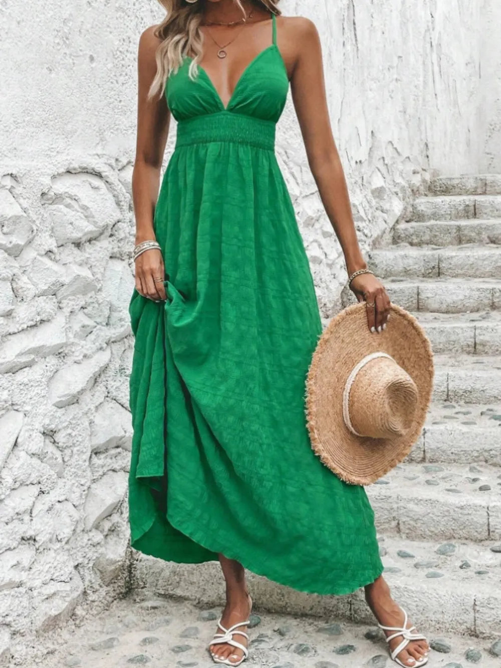 Crisscross Back Smocked Maxi Cami Dress