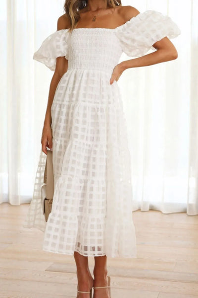 Off Shoulder Short Puff Sleeve Midi Dress