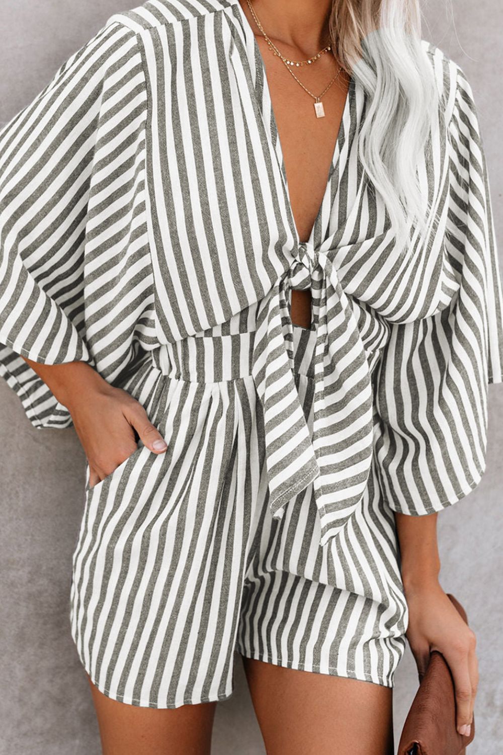 Chic Pink Striped Kimono Sleeve Romper with Bow Detail