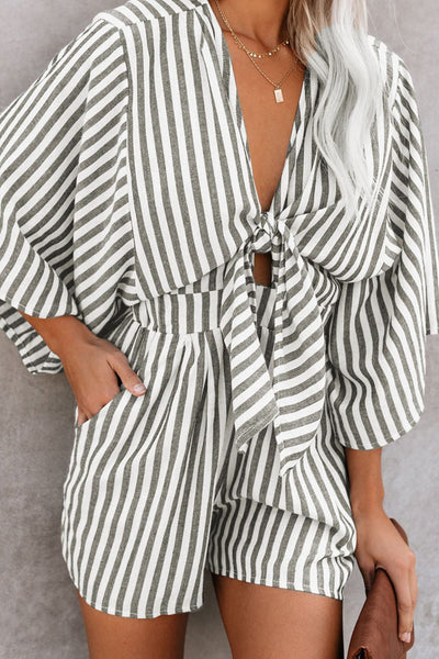 Chic Pink Striped Kimono Sleeve Romper with Bow Detail