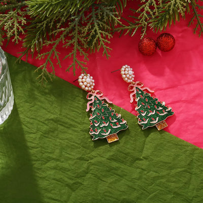 Christmas Tree Dangle Earrings with Pearl