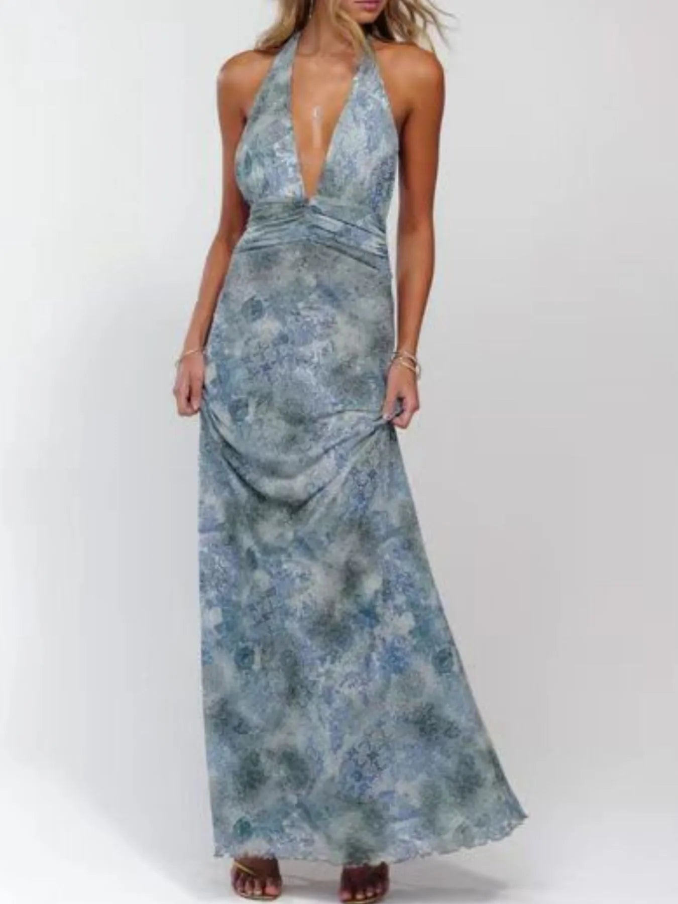 Floral Halter Neck Deep V Maxi Dress