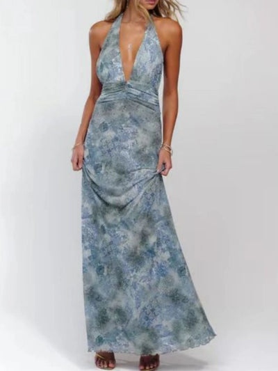 Floral Halter Neck Deep V Maxi Dress