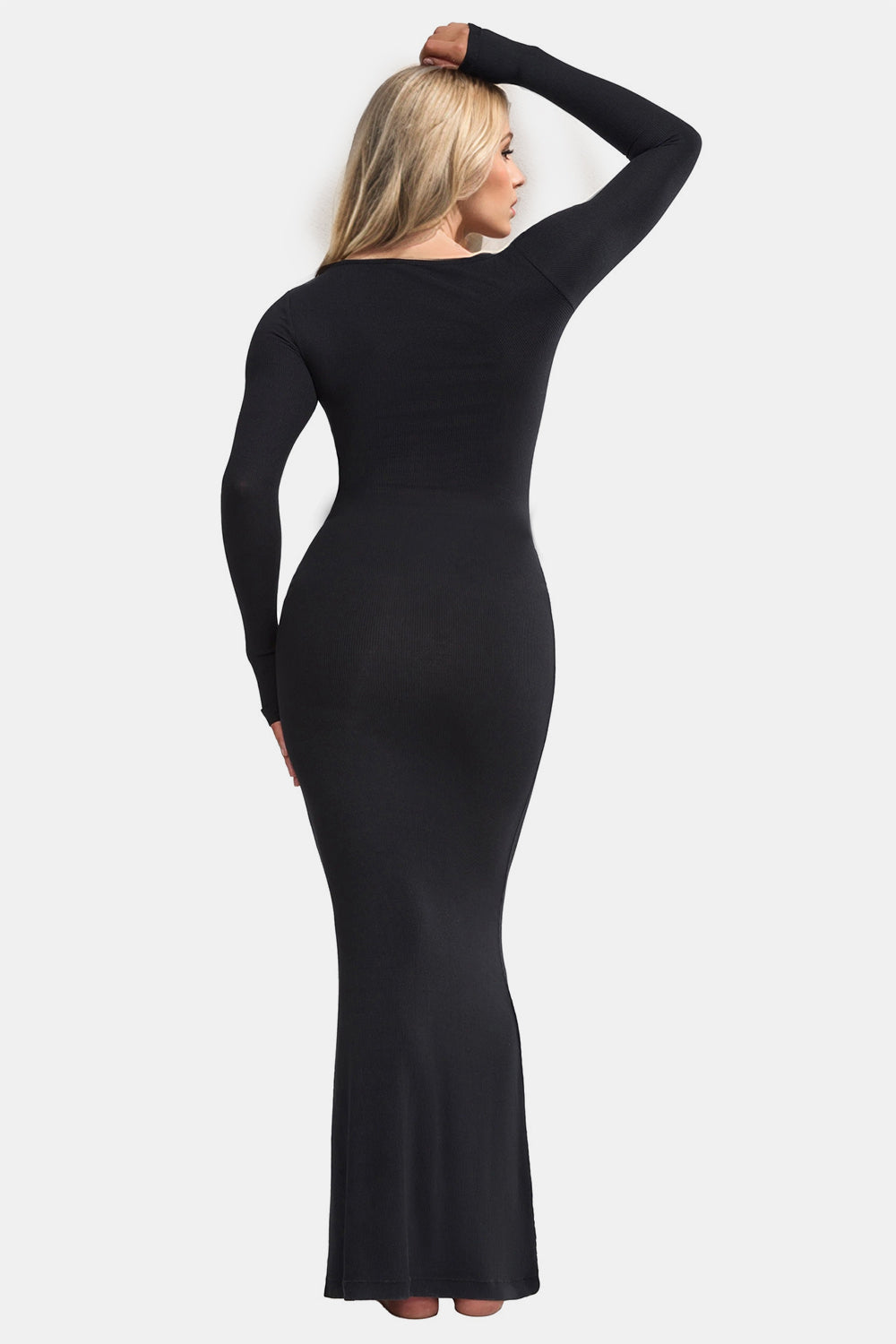 Flattering Shapewear Maxi Dress with Square Neck & Long Sleeves