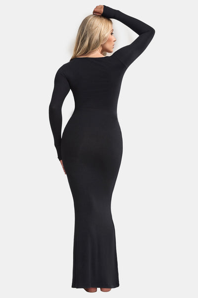 Flattering Shapewear Maxi Dress with Square Neck & Long Sleeves