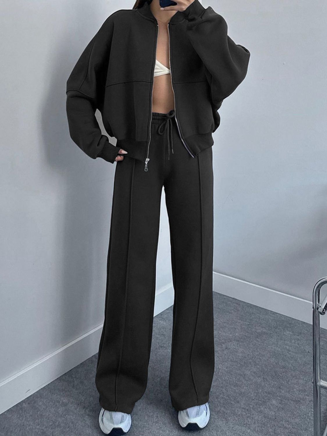 Casual Baseball Collar Zip Top & Drawstring Pants Set