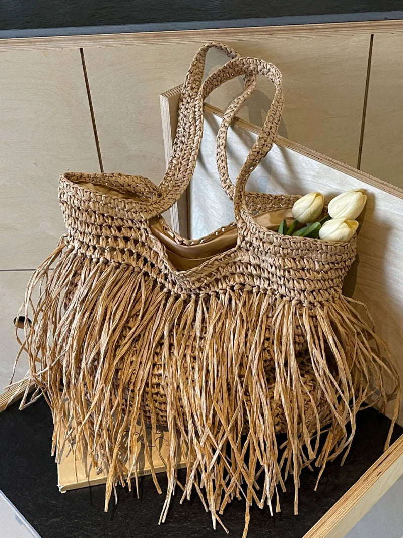 Bohemian Straw Fringe Hobo Handbag
